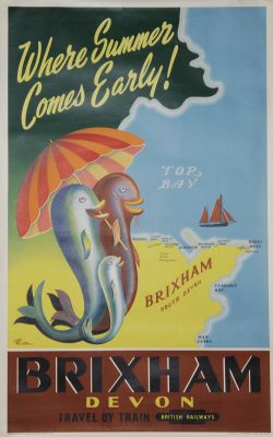 Poster, British Railways `Brixham Devon - Where Summer comes early Travel by Train` by Parton, D/R