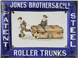 Enamel Advertising Sign `Jones Brothers & Co Ltd Patent Steel Roller Trunks`. Pictorial with a young