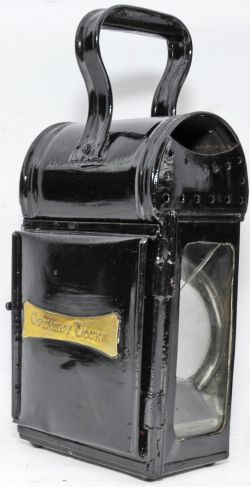 GCR small cart-style Handlamp with ornate brass plate on rear stamped `GRIMSBY DOCKS`. Bullseye