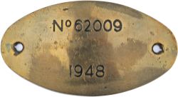 Worksplate engraved brass 62009 dated 1948. Ex Peppercorn designed K1 Class 2-6-0 locomotive built