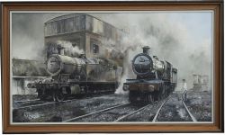 Original Oil Painting `On Shed` by RJ Revill dated 1986. An evocative depiction of Hall Class 5945