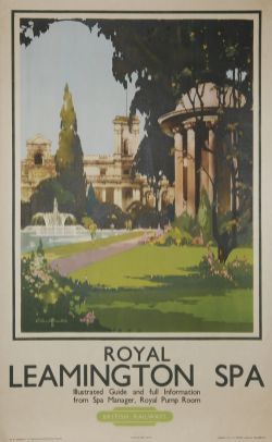 Poster BR(W) `Royal Leamington Spa` by Claude Buckle, D/R size. View of the gardens and fountain.