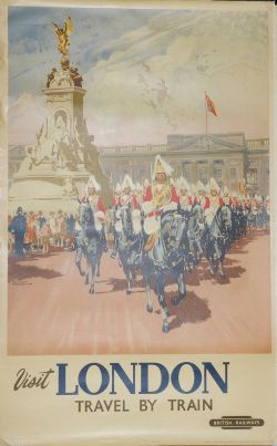 Poster, British Railways `Visit London` by Nichol, D/R size. Depicts Horse guards in front of