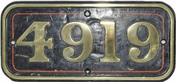 Cabside Numberplate 4919. Ex GWR 4-6-0 `Hall Class` Locomotive built Swindon March 1929. Allocated