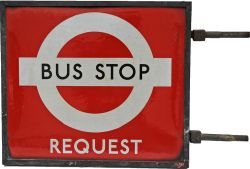 London Transport enamel Bus Stop Request, double sided in bronze frame, 16" x 18". Both sides are in