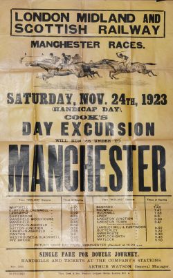 Poster, LMS D/R Letterpress `Sat Nov 24th 1923 Manchester Races listing stations from and between