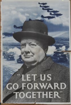 Wartime Poster, `Let us go forward together`. Depicting a large icon image of Winston Churchill with