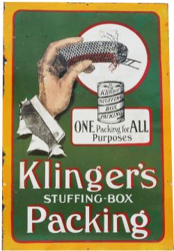 Enamel Advertising Sign `Klingers Stuffing Box Packing`, pictorial measuring 18" x 27".