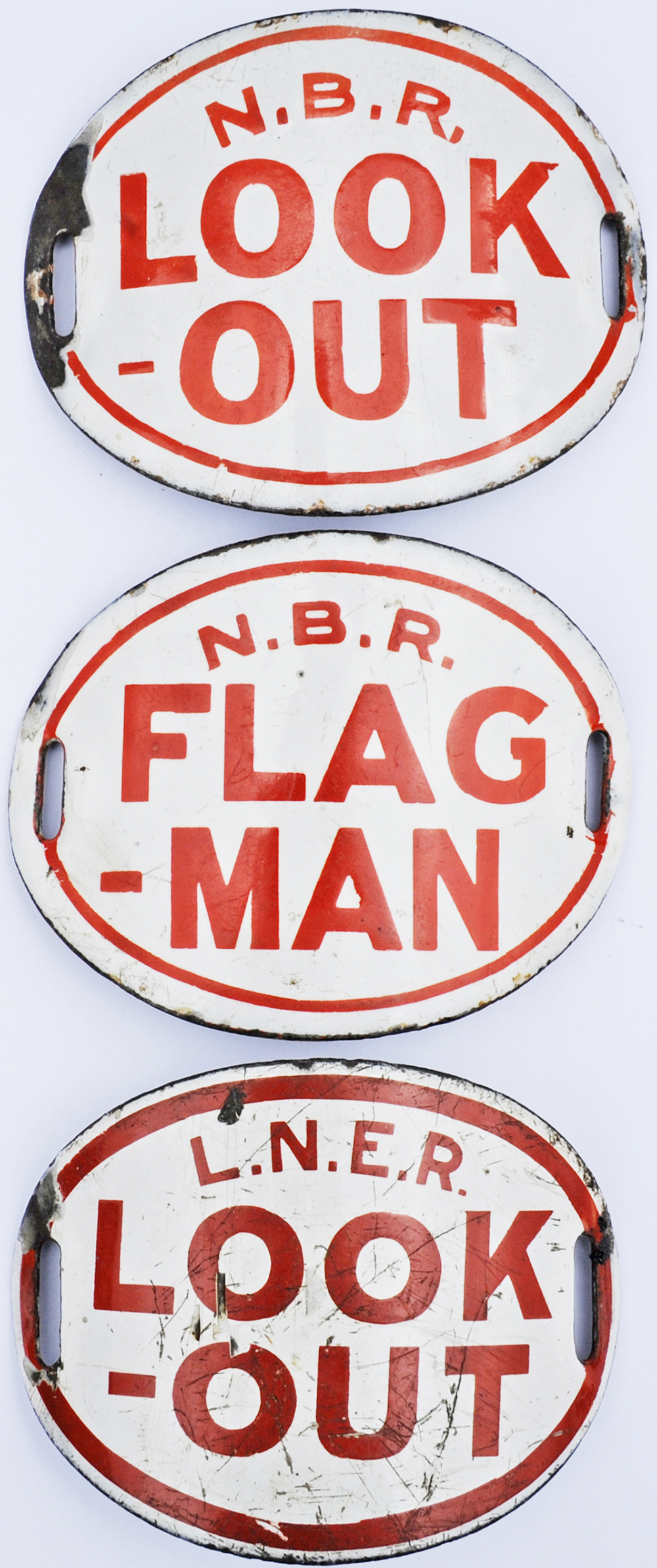 A selection of 3 enamel Armbands comprising: NBR Look-Out; NBR Flag-Man; LNER Look-Out. None have