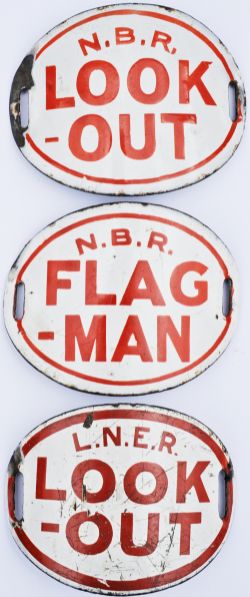 A selection of 3 enamel Armbands comprising: NBR Look-Out; NBR Flag-Man; LNER Look-Out. None have