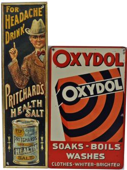 Tinplate Advertising Signs, qty 2 comprising: For Headache Drink Pritchards Health Salt; Oxydol