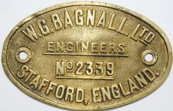 Worksplate W.G. Bagnall Engineers 2339 Stafford, England. Ex 2`6" gauge Class ZB 2-6-2T number