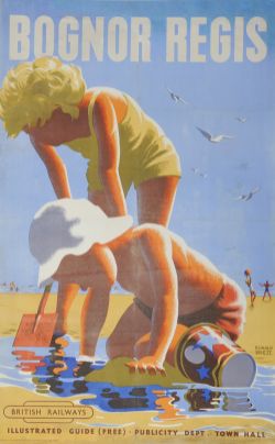 Poster BR, `Bognor Regis` by Ronald Brett, D/R size. Depicts children playing on the beach with