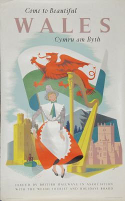 Poster, British Railways `Come to Beautiful Wales - Cymru Ambyth` by Lander, D/R size. Depicts the