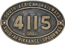 South African Railways dual language, brass Cabside Numberplate 4115 GMA. Ex Beyer Garratt GMAM