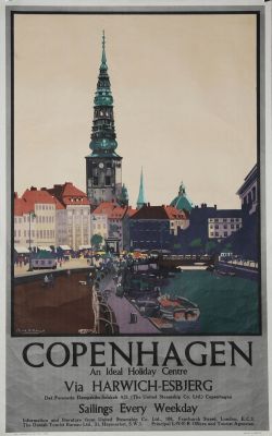 Poster LNER `Copenhagen - An Ideal Holiday Centre Via Harwich - Esbjerg` by Frank Mason D/R size.