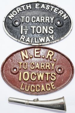 North Eastern Railway fully titled C/I Luggage Trolley Plate `To Carry 1½ Tons` and a similar `To
