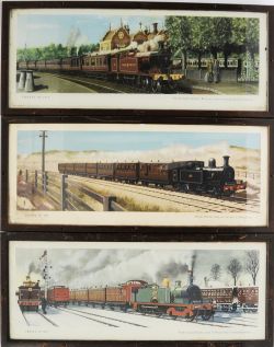 Three framed and glazed carriage prints (one original frame). All Hamilton Ellis `Wirral Railway