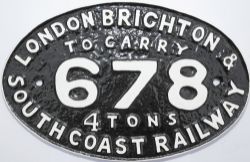 London Brighton & South Coast Railway fully titled large oval Wagon Plate `To Carry 4 Tons No