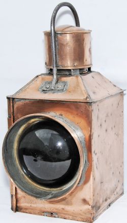Early, all copper Locomotive Lamp standing 19" tall and having a 6" diameter bullseye lens. Nicely
