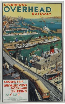 Poster `Liverpool Overhead Railway` by WT, D/R size. A superb, panoramic view of Mersey Docks,