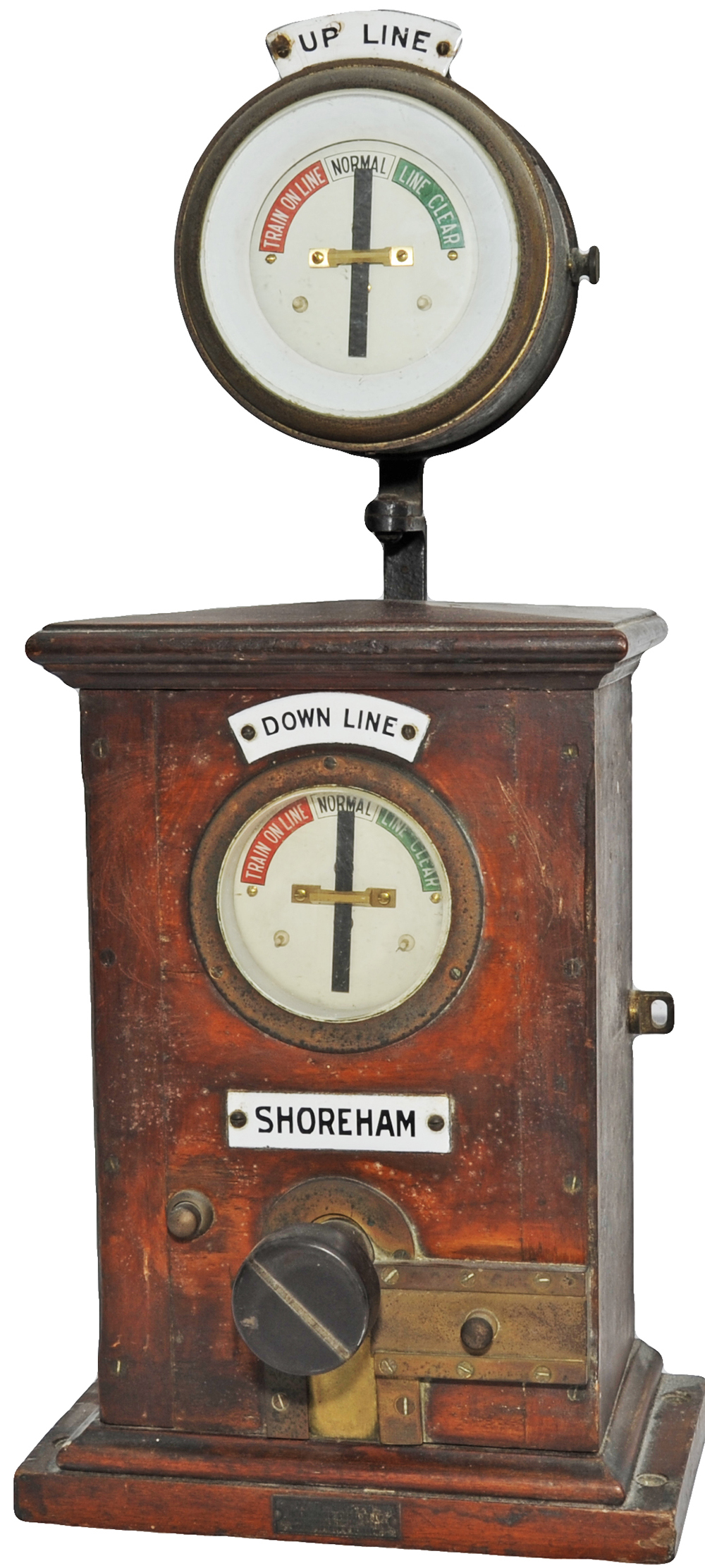 LB&SCR Sykes Double Line Block Instrument with Up Line Indicator attached to the mahogany top and