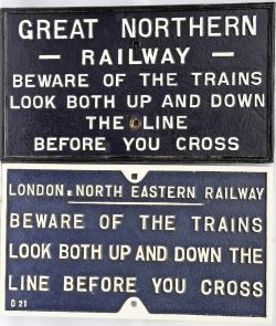 Pair of cast iron Signs `Beware Of Trains - Look Both Up and Down The Line Before You Cross`. One