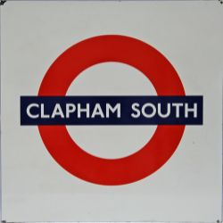 LT enamel Roundel station sign CLAPHAM SOUTH, 25½" x 25¼" in excellent condition. The station opened