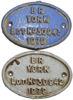 A pair of Class 508 Worksplates, both oval cast iron. BR York Lot No 30942 1979 (64657 on rear)