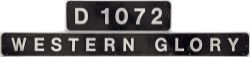 Nameplate WESTERN GLORY with matching Cabside Numberplate. Ex BR Class 52 Diesel Hydraulic D1072,