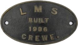 Worksplate `LMS Built Crewe 1936`, cast brass. Almost certainly ex 5XP Stanier Jubilee 4-6-0 Class