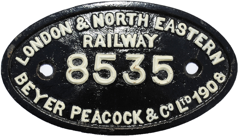 LNER 9 x 5 brass Tenderplate London & North Eastern Railway number 8535 Beyer Peacock & Co Ltd 1908.