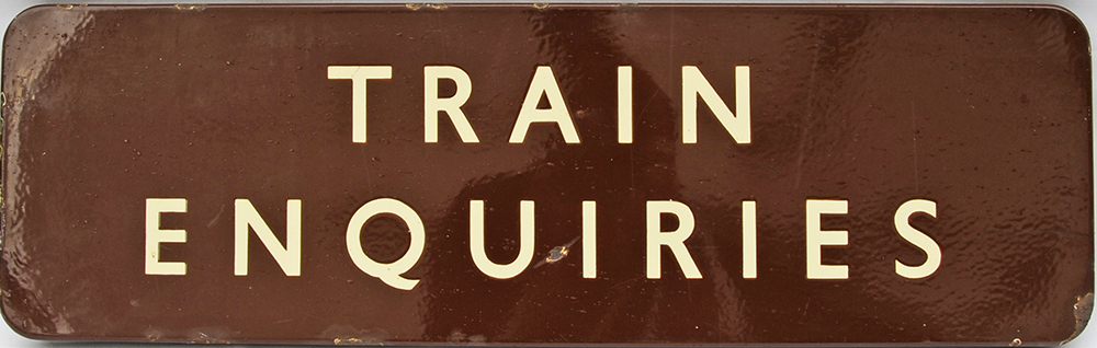 BR(W) enamel Platform Sign TRAIN ENQUIRIES F/F 29" x 9". Deep colour and shine, a few defects