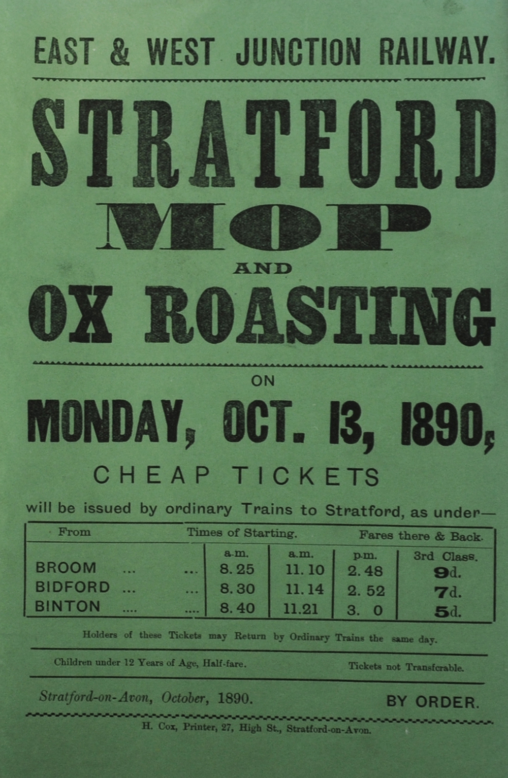 East & West Junction Railway Handbill `Stratford Mop & Ox Roasting on Monday 13th October 1890.