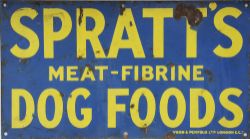 Enamel Advertising Sign `Spratts Meat Fibrine Dog Foods`. Yellow on blue ground measuring 18" x