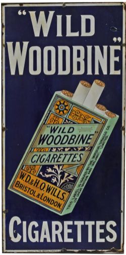 Advertising enamel Sign `Woodbine`. Measures 36" x 18" dark blue ground with cigarette packet on