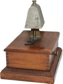 GWR mahogany cased Block Bell with R.E. Thompson makers plate on bottom front base. Cow-bell
