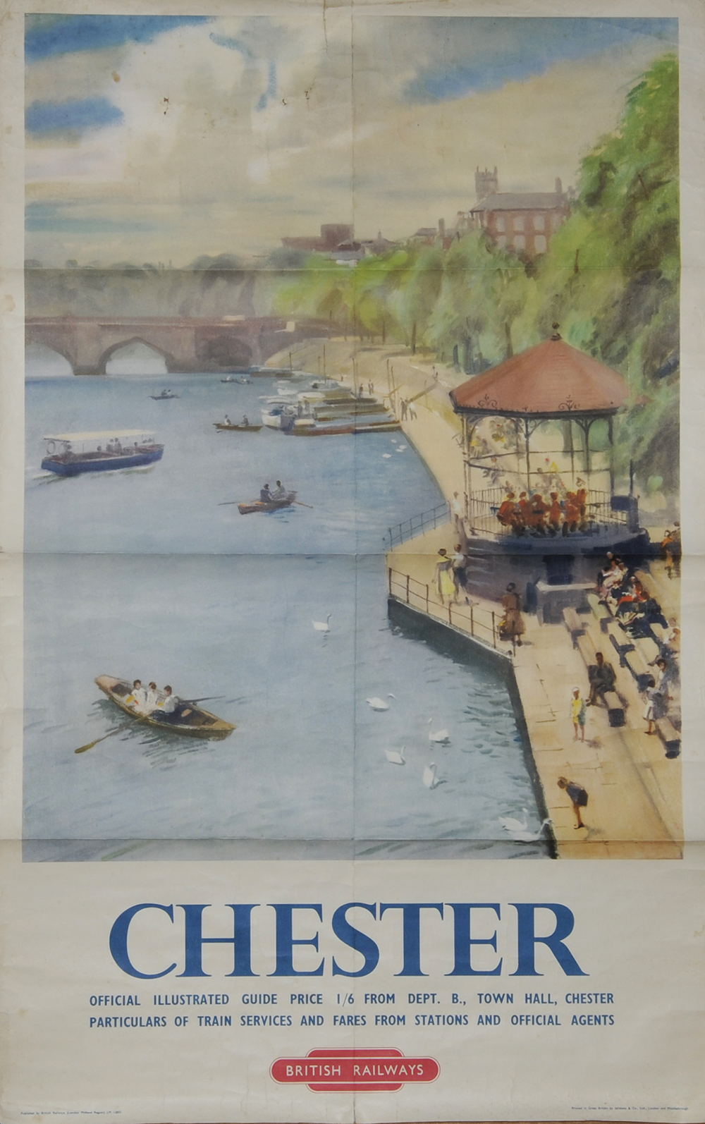 Poster `Chester` anon, D/R size. A pleasing scene on the river with boaters, band in bandstand,