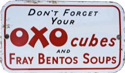 Enamel Advertising Sign `Don`t Forget Your Oxo Cubes & Fray Bentos Soups` measuring 10" x 6"