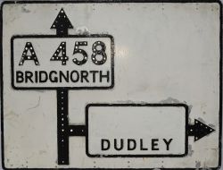 Roadsign in pressed alloy with cast alloy plates and arrows `Dudley` and `Bridgnorth A458`,