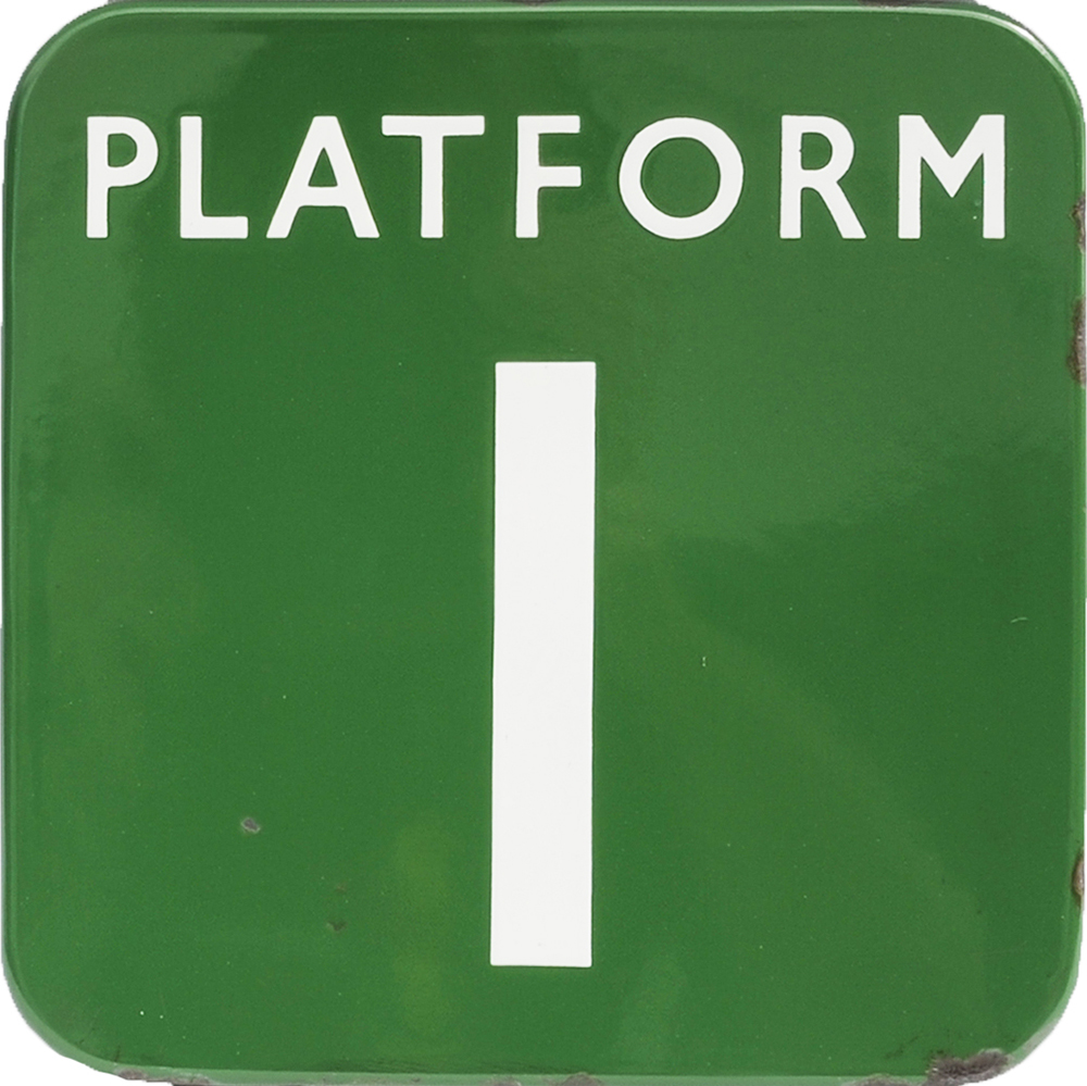 BR(S) enamel Sign `PLATFORM 1`, F/F measuring 9" x 9". Dark green, excellent colour and shine and