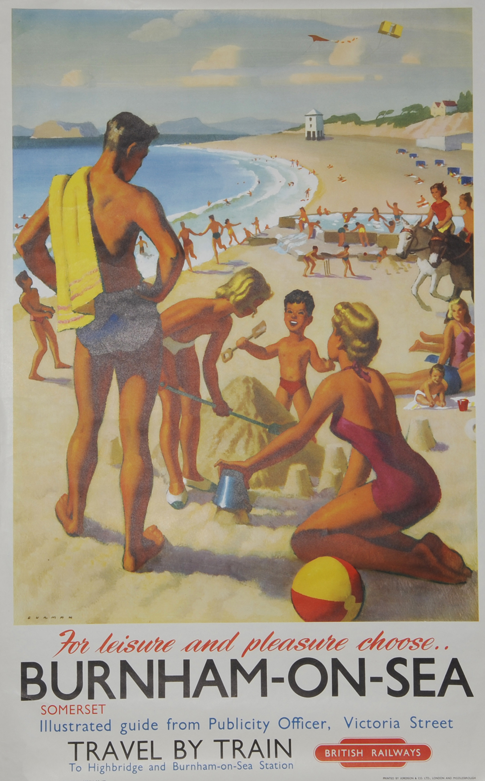 Poster BR(W) `Burnham-on-Sea, Somerset` by Durmon, D/R size. A vibrant view of families on the