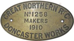 Worksplate fully engraved oval brass `Great Northern Rly Co Doncaster Works No 1258 Makers 1910`
