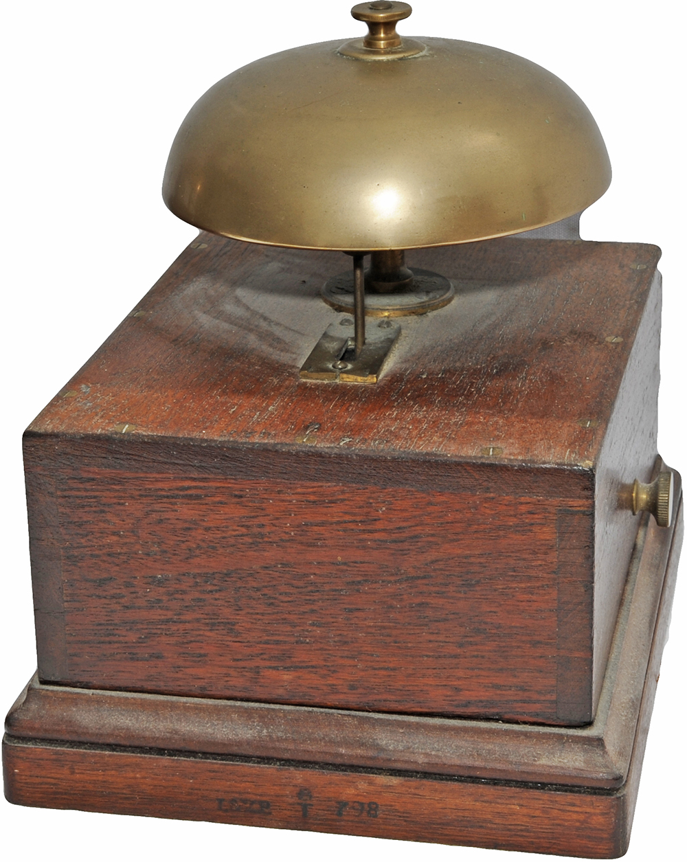 L&YR mahogany cased Block Bell. The case and base are stamped `L&YR 798` and the underside is