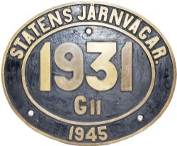 Locomotive Cabside Numberplate `Statens Jarnvager G11 number 1931 dated 1945`. One of only two class