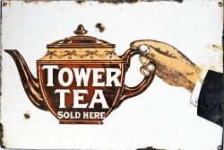 Enamel Advertising Sign `Tower Tea Sold Here` measuring 12" x 18" showing an image of a tea-pot.