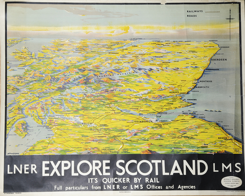 Poster LNER & LMS `Explore Scotland - It`s Quicker By Rail` by Montague Birrell Black (1930), Q/R