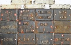 L&NWR cast iron Signal Box Lever Plates, qty 12 each containing a description of the lever embossed.