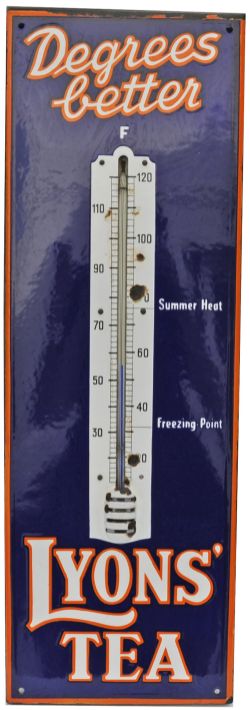 Enamel Advertising Thermometer `Lyons Tea - Degrees Better`. Measures 30" x 10",with deep flange all