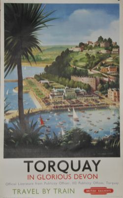 Poster, `Torquay In Glorious Devon` by G Bishop, D/R size (25" x 40"). Cliff top view of harbour,